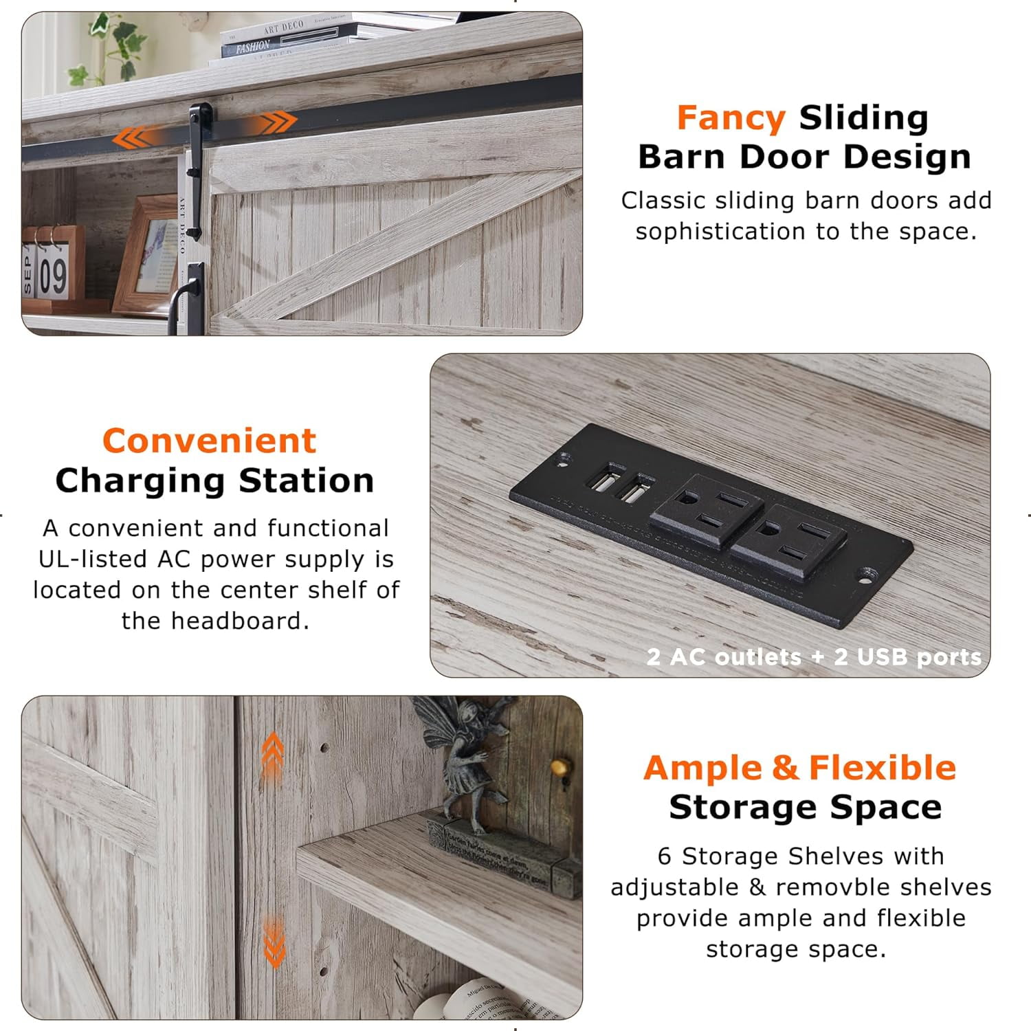 OKD Modern Farmhouse King Platform Bed with Bookcase Headboard Storage and Charging Station, No Box Spring Needed, Antique Brush White
