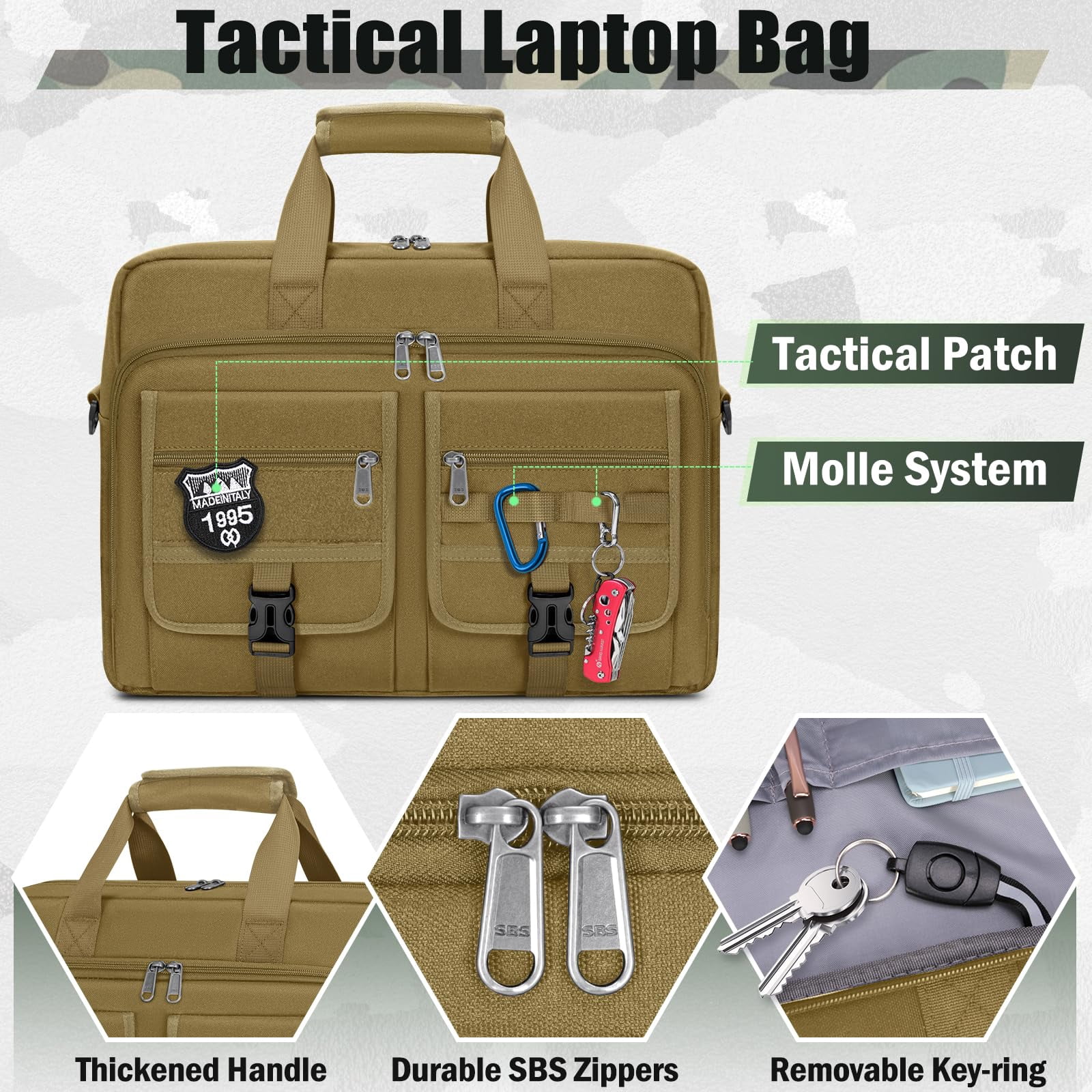 RAINSMORE 15.6 Inch Laptop Bag for Men Messenger Bag Business Laptop Briefcase with MOLLE System Large Travel,Khaki