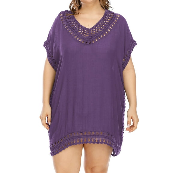 EQWLJWE Swimsuit Cover Ups for Women,V Neck Hollow Out Swim Cover Up Crochet Chiffon Summer Beach Cover Up Dress Gift Purple One Size
