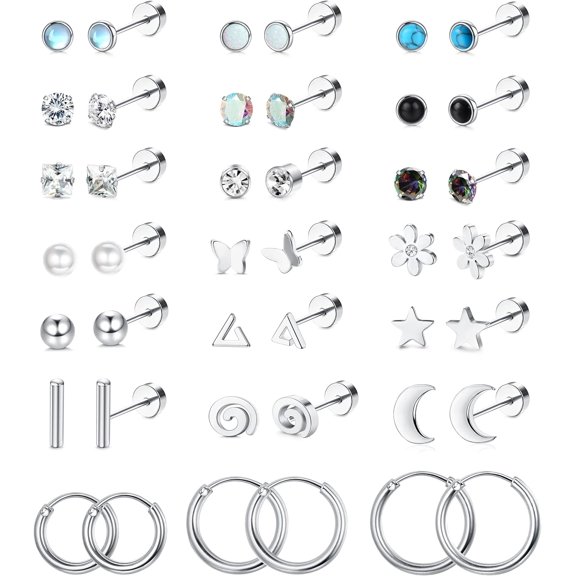 21Pairs Surgical Steel Flat Back Earrings Hypoallergenic 20G Screw Back Nap Stack Cartilage Earring Stacks Silver Silver Silver Silver