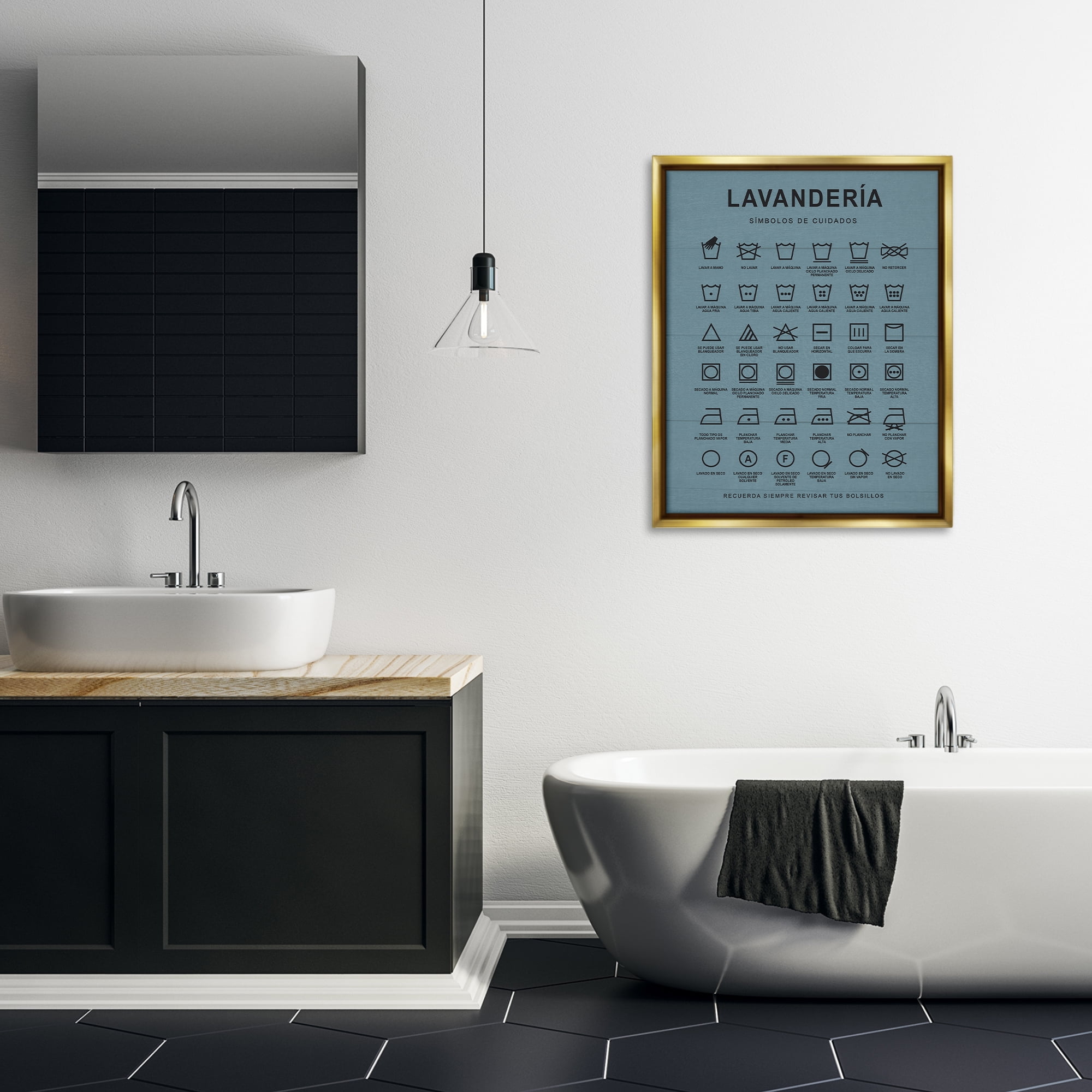 Stupell Industries Guía de Lavado de Ropa, Azul Bath & Laundry Painting Gold Floater Framed Art Print Wall Art, 25 x 31