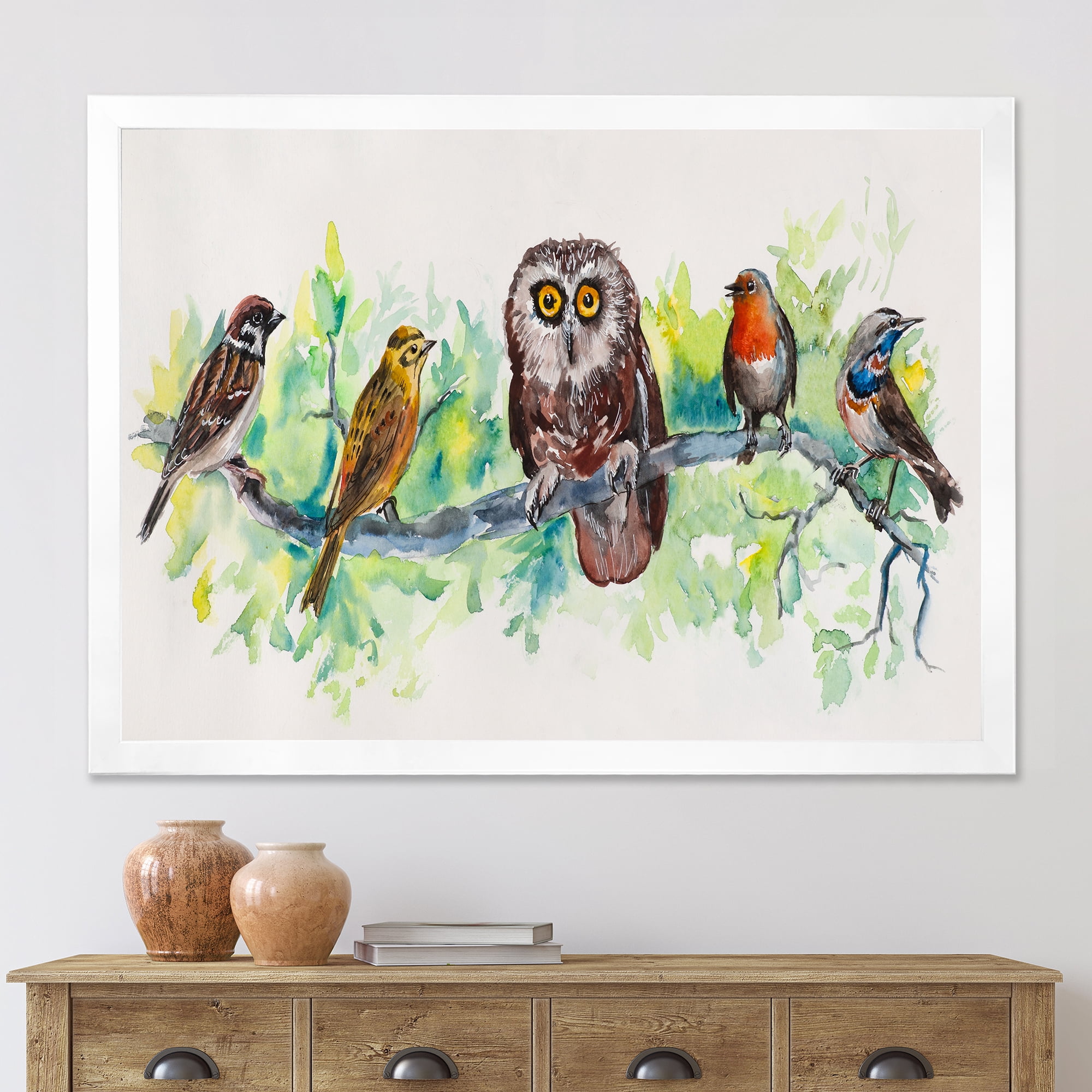 Designart 'Bird Friends With Owl On A Branch' Traditional Framed Art Print