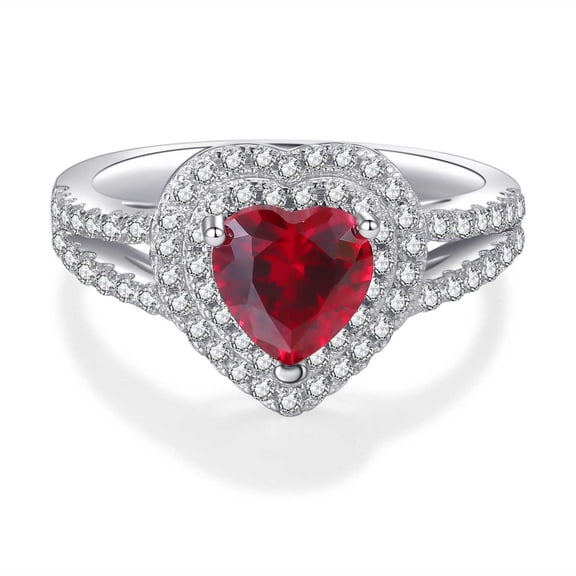 Timorina Double Halo Red Heart Cut Moissanite Engagement Ring Bridal Ring in 18K White Gold over Silver