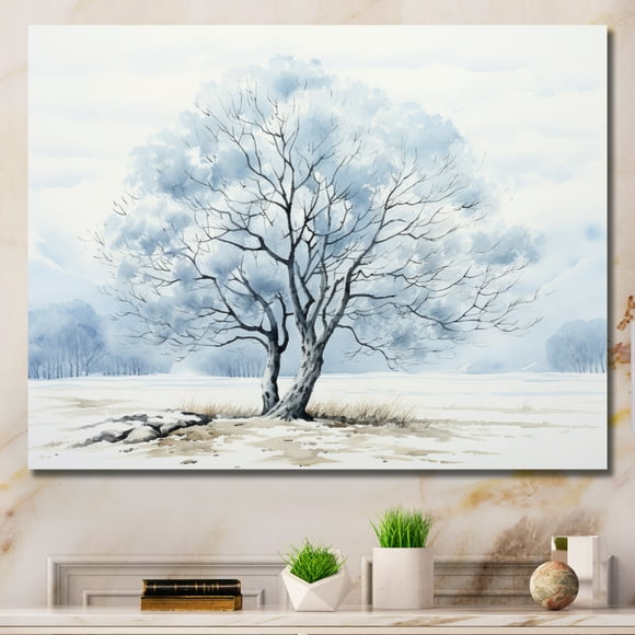 Designart Tree Monochrome Wall art decor, Tree Monochrome Wall Art, Ice Blue Tree Monochrome Ink euphony , Blue Large Traditional Canvas wall art, 44x34 inches