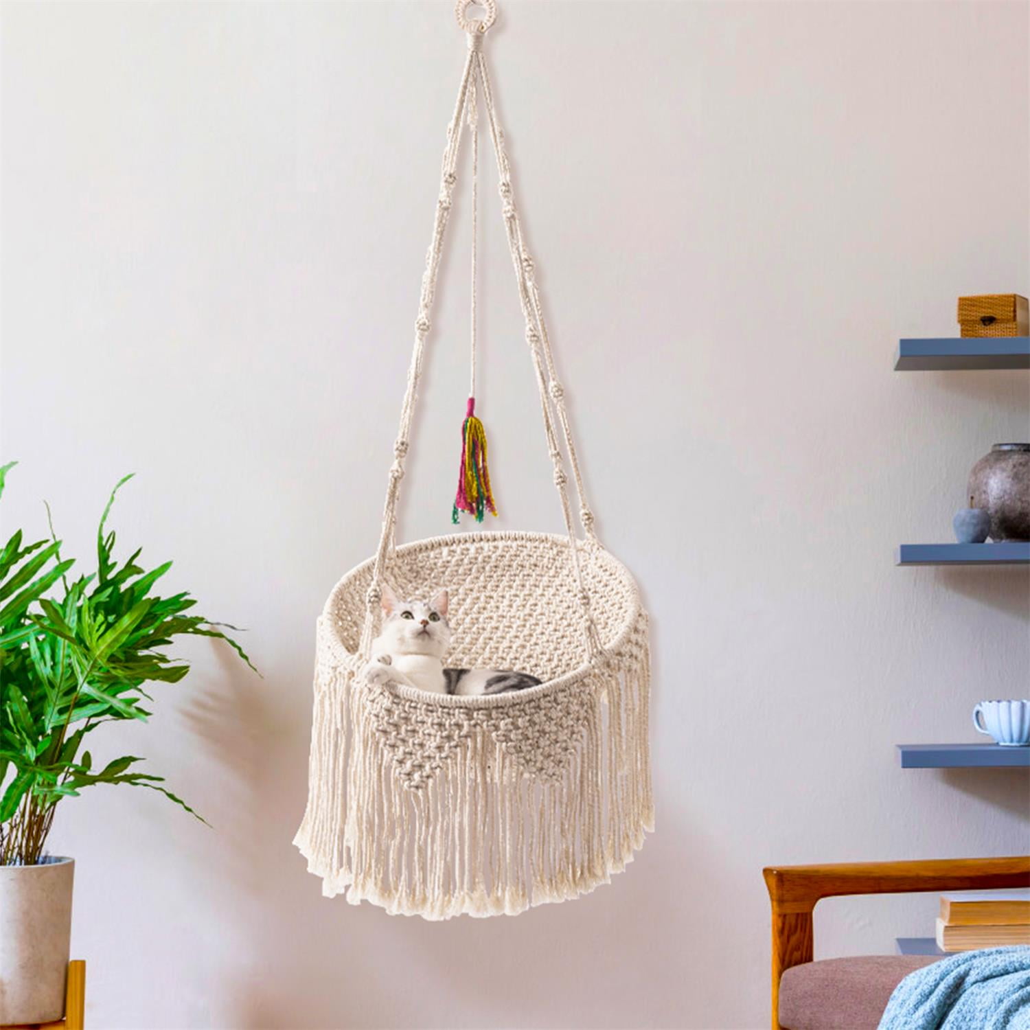 Pefilos 49" Macrame Cat Hammock, Handwoven Hanging Cat Bed, Boho Cat Swing Toy with 3 Different Types of Hooks for Indoor Outdoor Home Decor Hang Cat House Bed for Sleeping, Playing, Beige Pefilos 49" Macrame Cat Hammock, Handwoven Hanging Cat Bed, Boho Cat Swing Toy with 3 Different Types of Hooks for Indoor Outdoor Home Decor Hang Cat House Bed for Sleeping, Playing, Beige