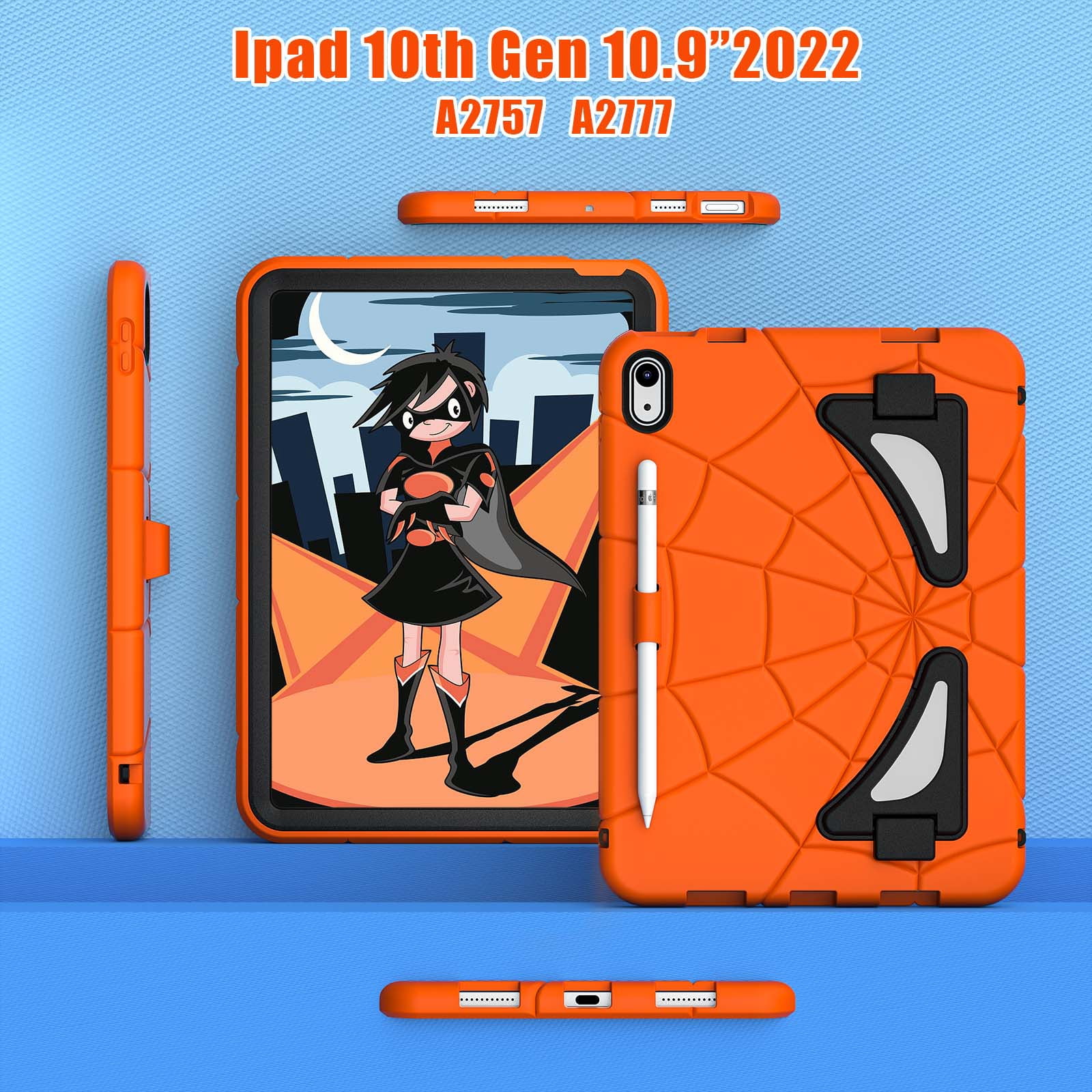 Dteck iPad 10th Generation Case iPad 10.9 Case 2022 New iPad 10th Gen Case for Kids 10.9 Inch Shockproof Protective Cover with Pencil Holder & Shoulder Strap & Kickstand for Kids ChildreOrange + Black