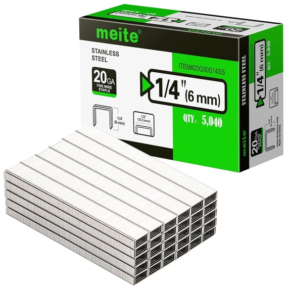 MEITE 20GA 50 Type 304 Stainless Steel Upholstery Staples,1/2" Crown 1/4" Length 5,040 Pcs/Box(1 Box)