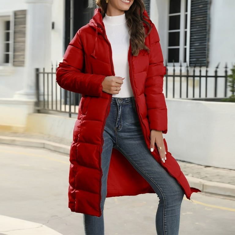 Mrat Knee Length Puffer Women Long Sleeve Hooded Cotton Coat Long Down  Puffer Jacket Full Zip up Long Jacket Long Winter Coats for Women Womens
