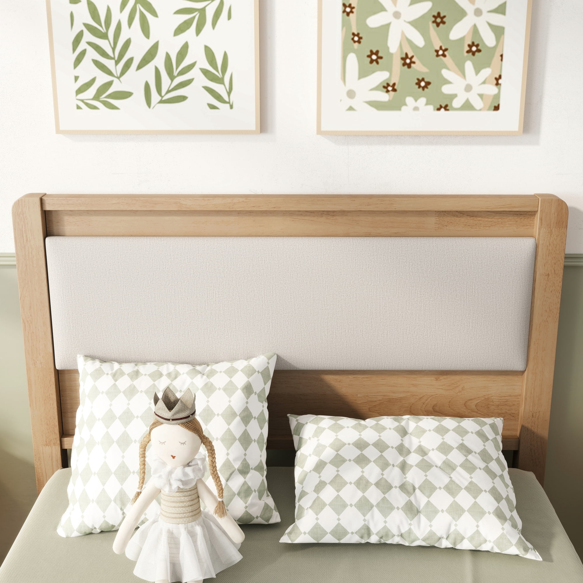 HOQBN Twin XL Solid Rubberwood Bed Frame with Upholstered Headboard, Reinforced Central Support Legs for Bedroom Natural