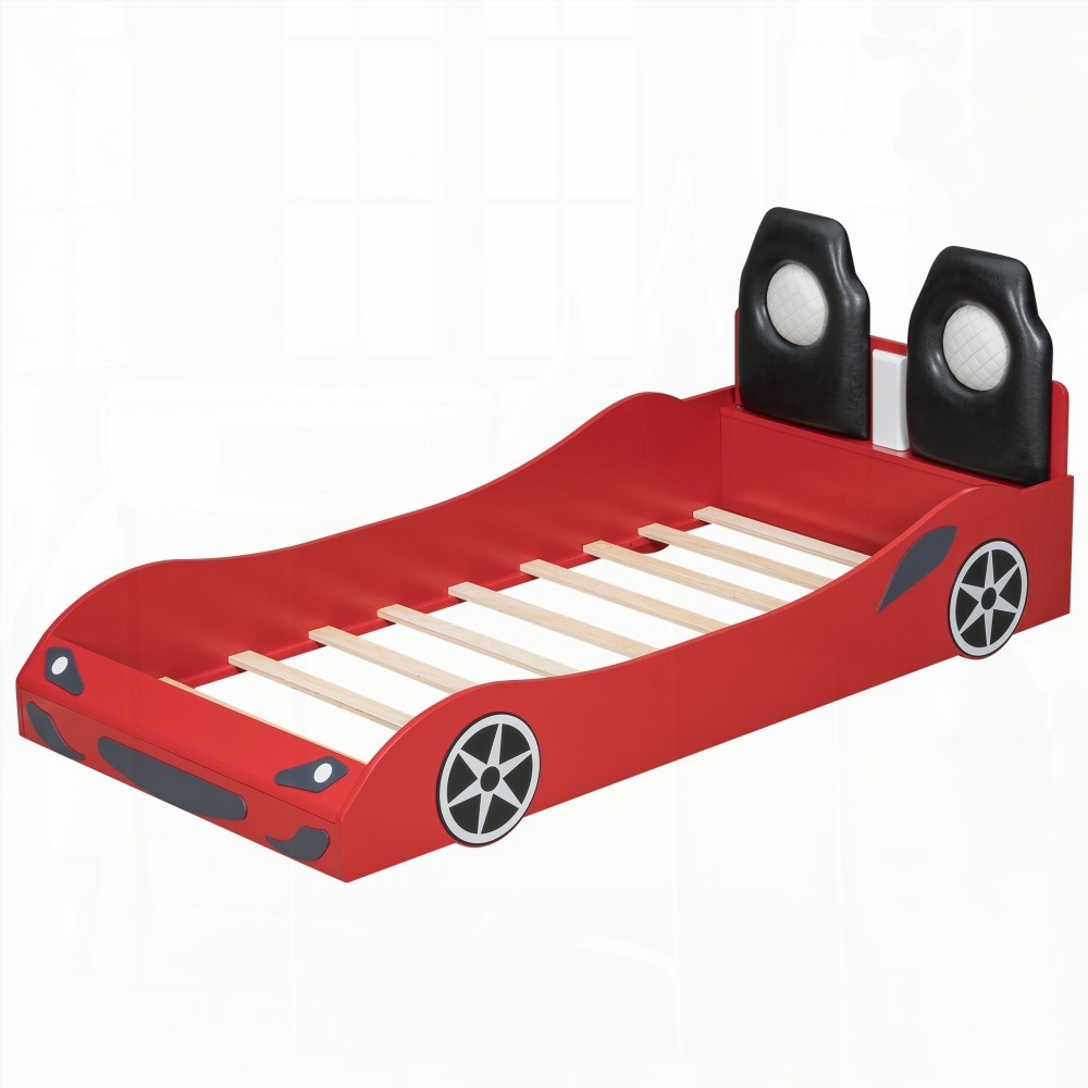 Wood Twin Size Race Car-Shaped Platform Bed in Red with LED and Upholstered Backrest for Ultimate Comfort and Safety