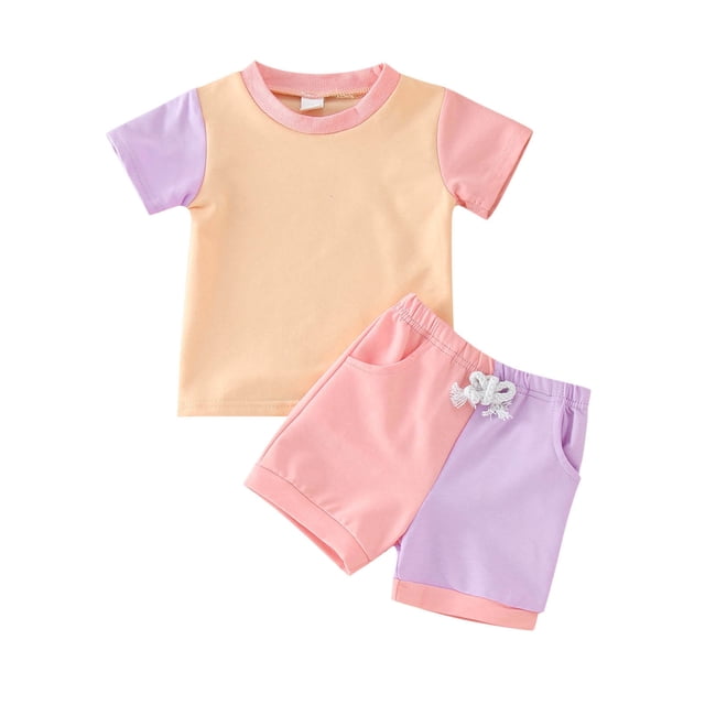 Icvfdpl Toddler Girl Outfit Set Boys Short Sleeve Patchwork Color Prints Tops Shorts 2Pcs Clothes Set Breathable 12-18 Months