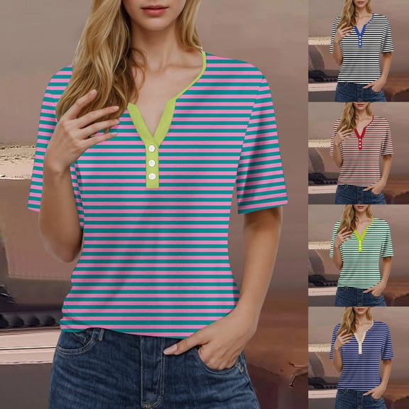 YHAJDS Summer Shirts for Women Short Sleeve V Neck Button Down Striped Print Blouse Loose Casual Top
