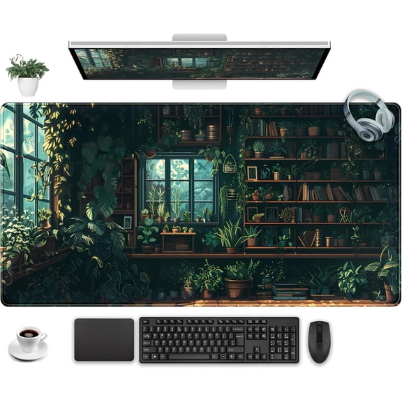 Green Plant Desk Pad Gaming Pad Extra Large Desk Mats Full Desk Mouse Pad XXL, Desktop Mat Computer Laptop Keyboard Pads, Office Home Decor Table Pad Cute Desk Accessories 31.5" x 15.7"