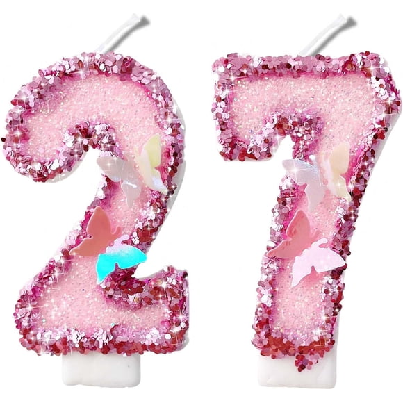 Bougies Chiffres Pailletées Papillon Roses de 2,8 Pouces - Plusieurs Couleurs Cadeaux de 27e 72e Anniversaire Décorations d'Anniversaire Bougies d'Anniversaire Chiffres Bougies Joyeux Anniversaire pour Gâteau 2 Bougie pour Femmes pour Hommes (Rose)