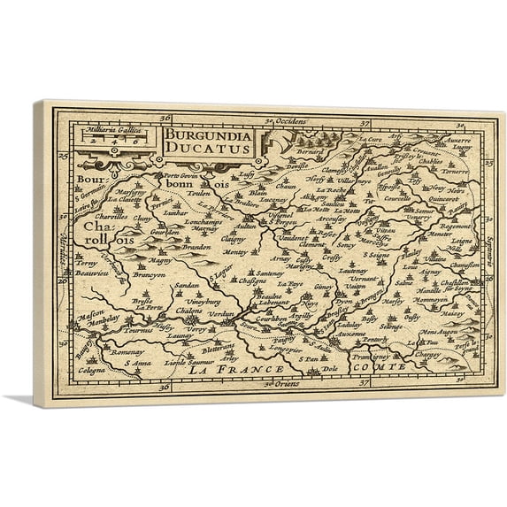 ARTCANVAS Bourgogne Region in France 16th Century Canvas Art Print by Abraham Ortelius - Size: 60" x 40" (1.50" Deep) (3-Piece)