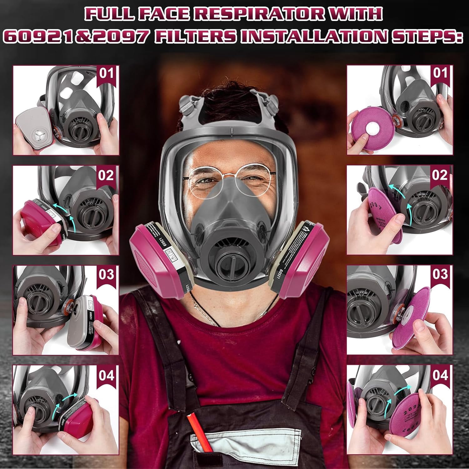 Full Face Respirator Gas Mask: 6800 Reusable Respirator Mask with  60921 & 2097 Filters - Dust Mask Anti Fog Against Organic Vapor Fumes Gases for Spray Paint Chemicals Epoxy Resin Welding Sanding
