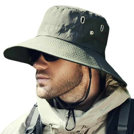Kitem Men Summer Sun Hat Windproof Strap Wide Brim Anti-UV Sun Protection Foldable Portable Gardening Fishing Travel Cap Outdoor Fisherman Hat