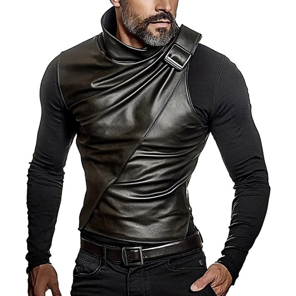 XIAOCHA Mens Asymmetric Leather Panel Top Relaxed Fit Fall Daily Long Sleeve Sweatshirts