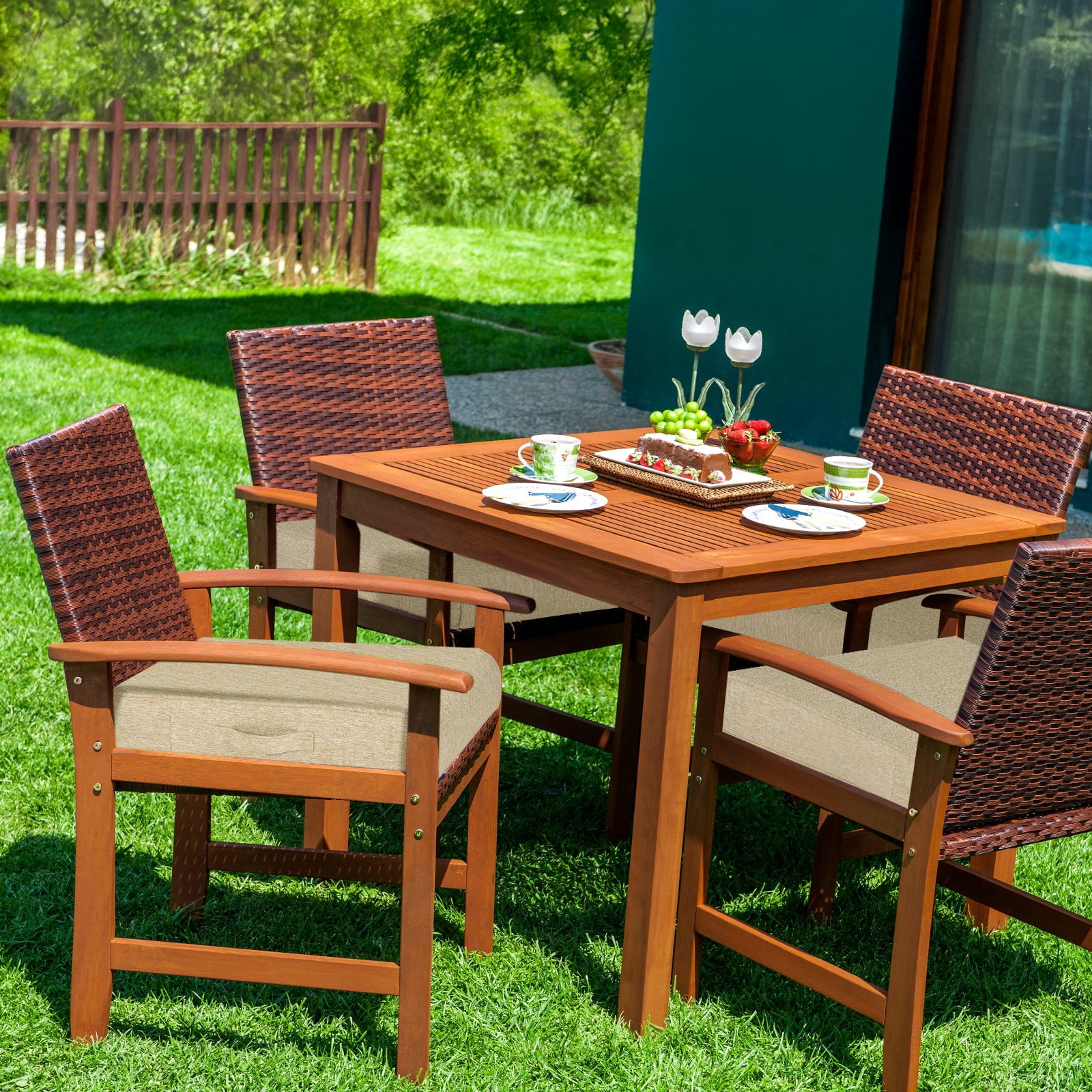 Aoodor Patio Chair Cushions Set of 2, 23 x 26 x 4 Inch Water Resistant Outdoor Seat Cushions with Handle and Ties, Square Corner Cushions for Patio Furniture Garden Lawn, Brown