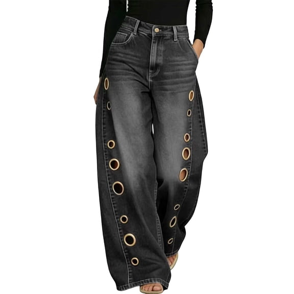 Women's High Waisted Wide Leg Jeans with Metal Grommet Side Detail, Solid Color Barrel Denim Pants with Button Fly, Trendy Streetwear Trousers for Fashionable Street Style