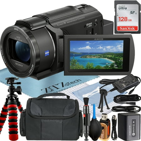 Sony FDR-AX43 4K Ultra HD Handycam Camcorder with Tripod + Camcorder Case + 128GB Memory Card + Cleaning Kit + ZeeTech Accessory Bundle