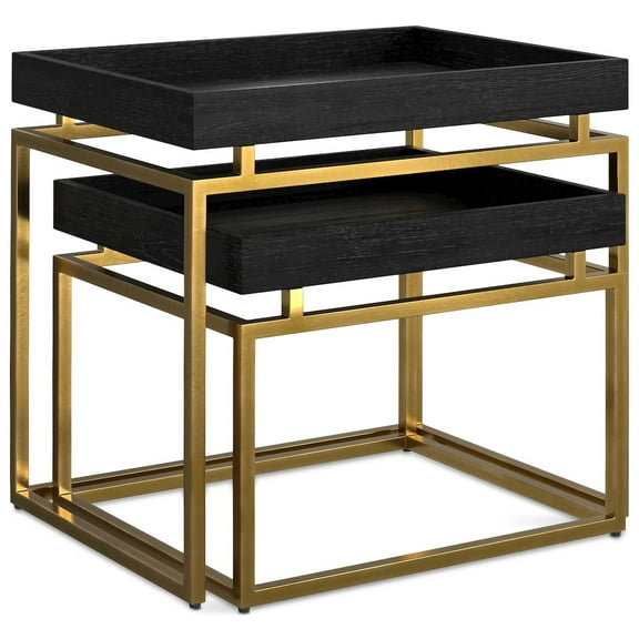 Simpli Home Macy 2-Piece Solid Wood & Metal Nesting Table in Black/Gold