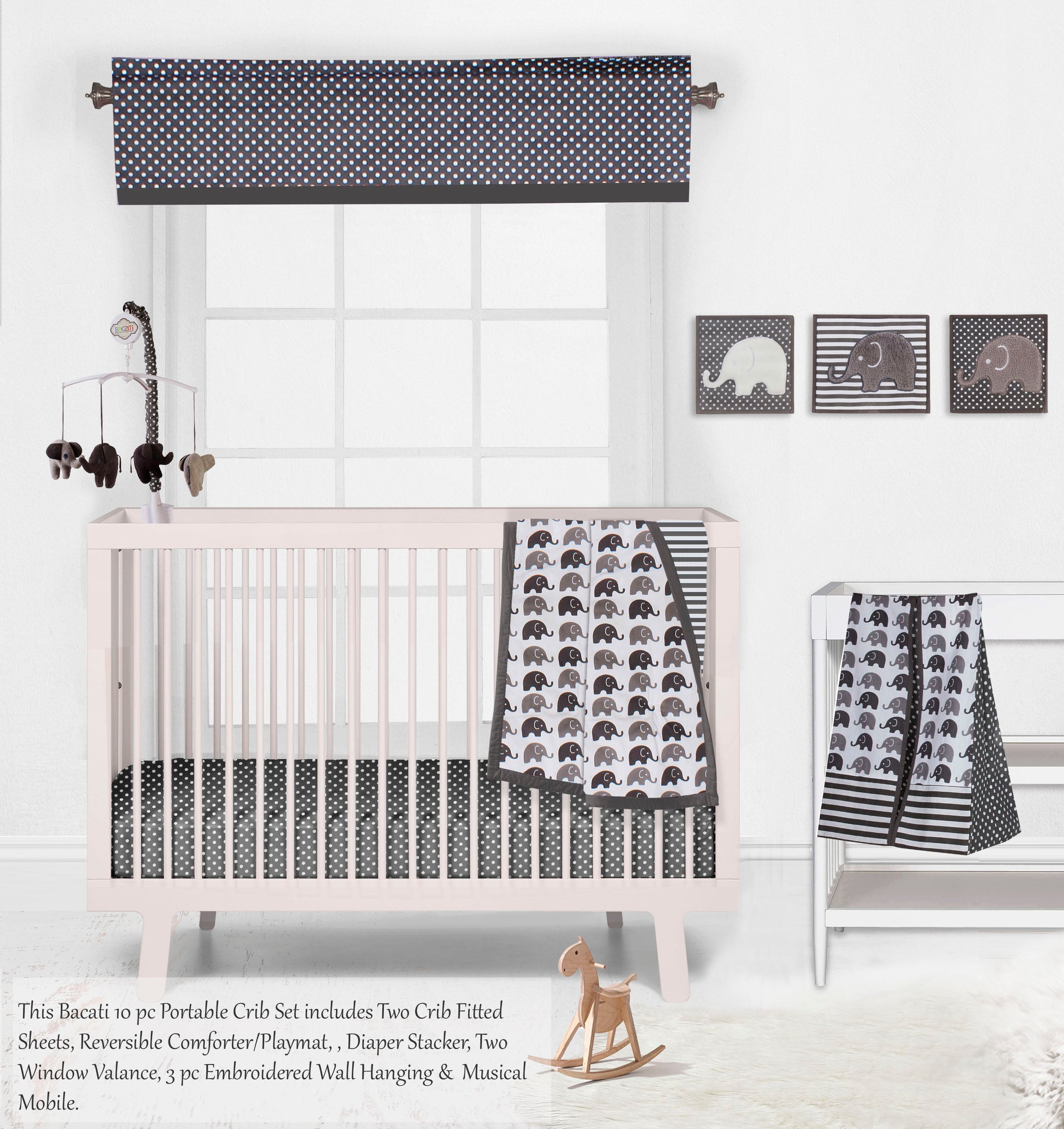 Bacati - Elephants White/Grey Mini Crib Bedding Set