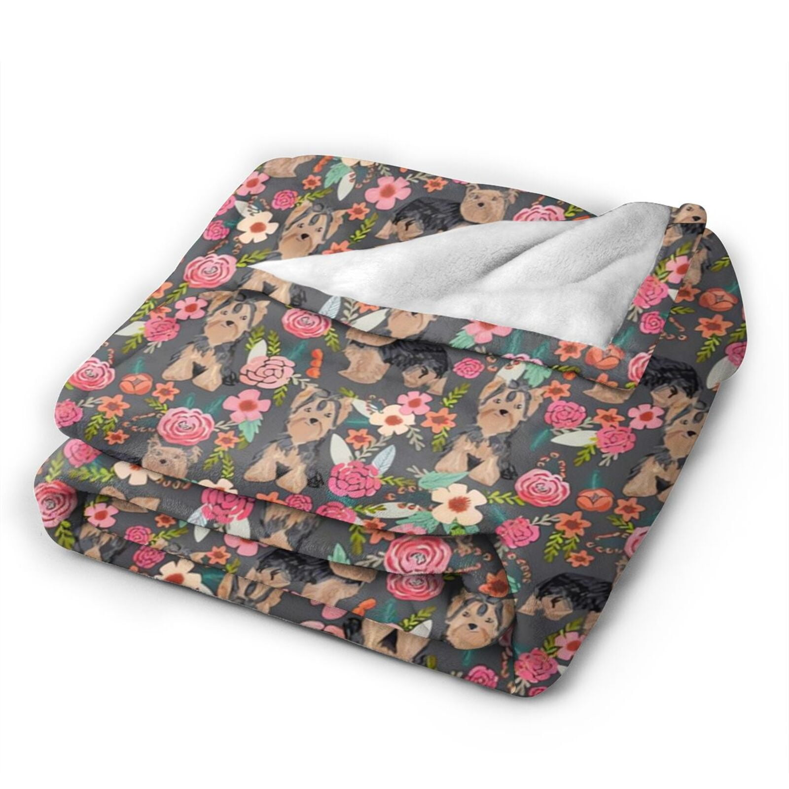 Wijzvio Yogorkshire Terrier Florals Dog Throw Blanket Soft Fuzzy Fleece Blanket For Couch Bed Living Room Decoration 60"X50"