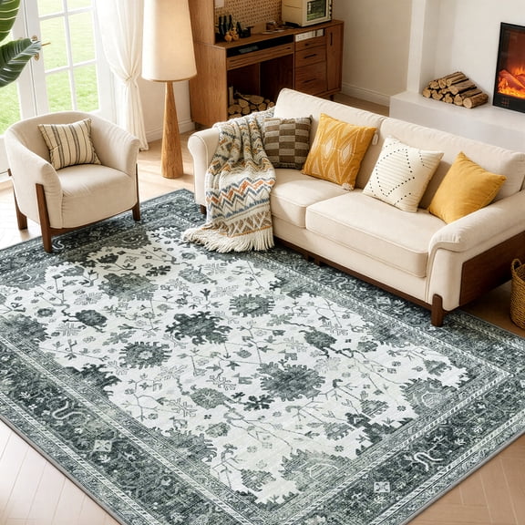WANLISELL 6'x9' Area Rugs for Living Room, Non-Slip Low Pile Washable Rug Vintage Soft Non-Shedding Distressed Farmhouse Dining Room Rugs, Green/Beige