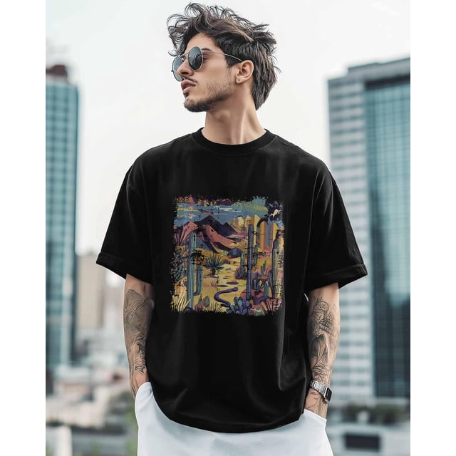 Men's T-Shirt Western Desert Short Sleeves Tee for Men Cactus Cotton Graphic Crew Neck Shirts for Teens Boys