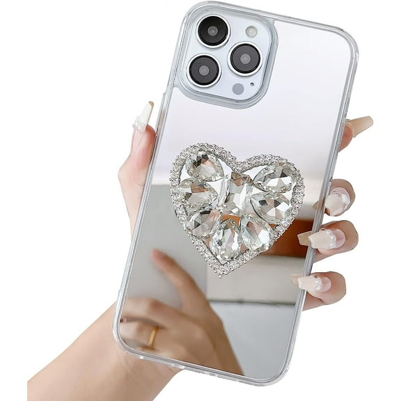 for iPhone 14 Pro Max Case Heart Diamond Glitter Kickstand Phone Holder Hybrid Silver Mirror Ultra Thin Cute Women Protective Phone Cases for iPhone 14 Pro Max Silver