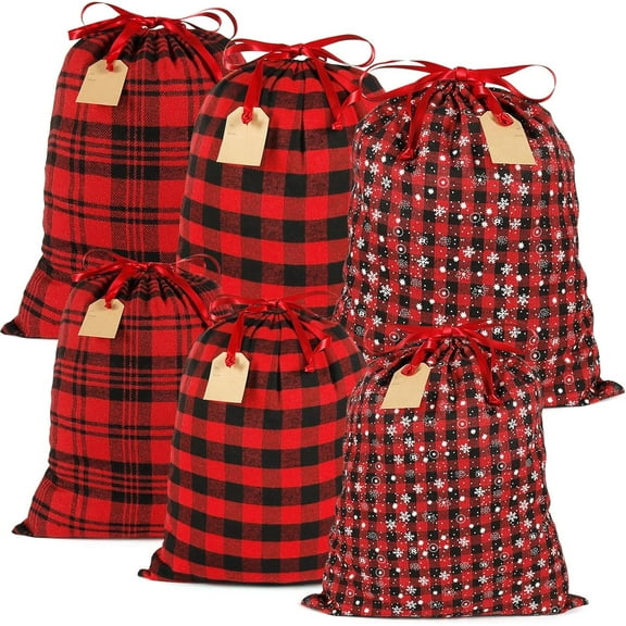 Large Fabric Drawstring Gift Bags 20x16 16x12 inches, 6pcs Christmas Sacks Buffalo Plaid Big Cloth Gift Bags for Xmas Presents