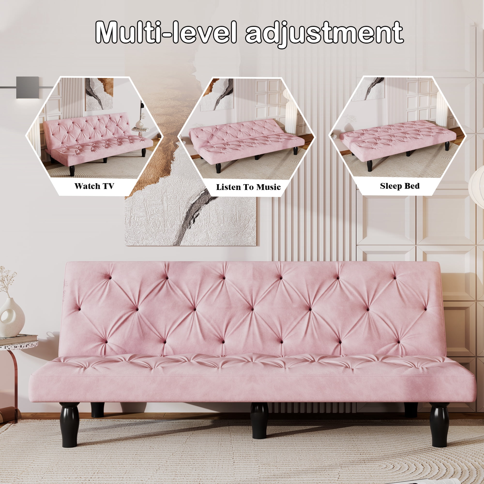 Euroco Velvet Convertible Sofa Bed with Tufted Backrest and Adjustable Positions – Modern Sleeper Couch for Living Room, Apartment, or Bedroom