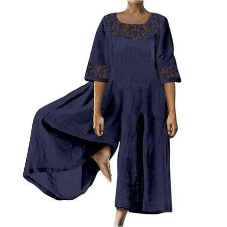 

Yievot Womens Beach Wide Leg Oversized Jumpsuits Dressy Sleeveless Solid Button Neck Zipper Homewear Women Flowy Linen Romper 2024 Birthday Gifts Pants for Women on Clearance