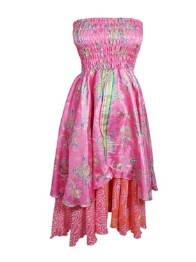 Mogul Women Pink Long Skirt Floral Print Dress Recycled Sari Flared Skirt, Hi Low Dresses, Strapless Dress, Two Layer Skirt S/M