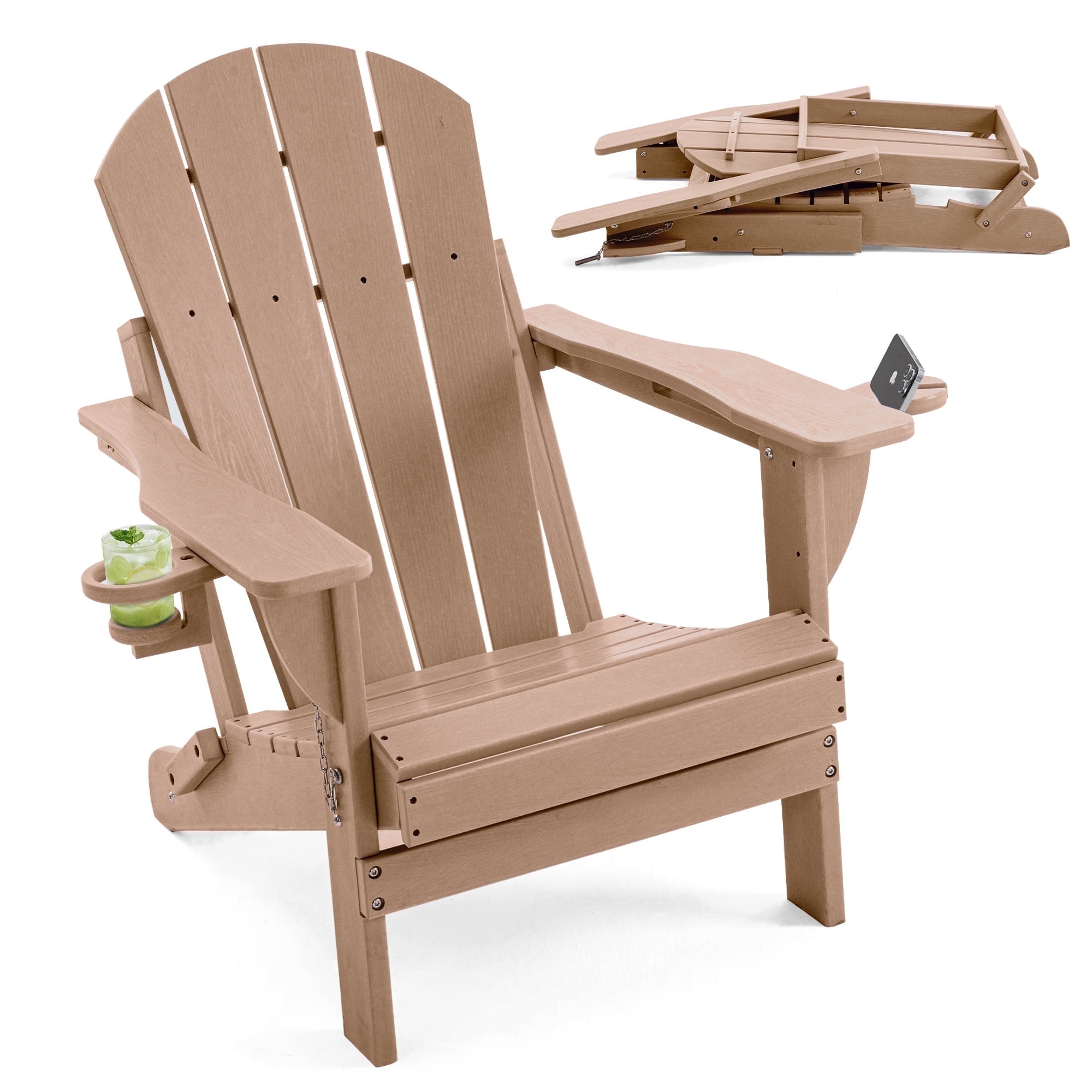 ENYLAY Folding Adirondack Chair with Dual Cup Holders & Phone Holder, All-Weather HDPE Fire Pit Chairs for Outdoor, Patio, Poolside, Garden(Brown)
