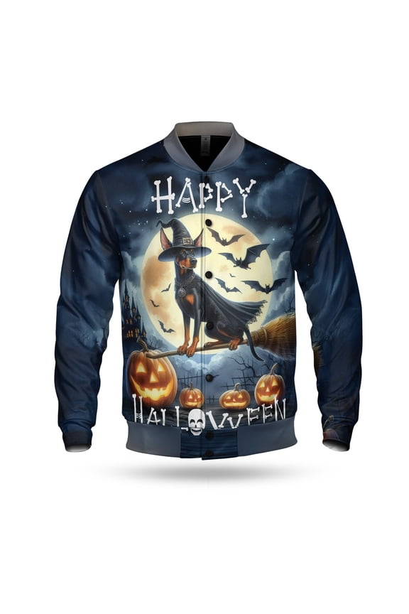 Happy Halloween Doberman Pinscher Witch Pumpkins Bats All Over Print 3D Baseball Jacket Doberman Dog Lover Gifts Bomber Jacket Softball - 13012