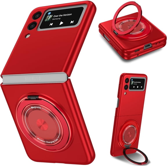 Magnetic Case for Samsung Galaxy Z Flip 3 Case with Kickstand & Ring Holder, [Compatible with MagSafe Charging] Slim Ultra PC Back Scratch-Resistant Military Grade Shockproof Case, Red