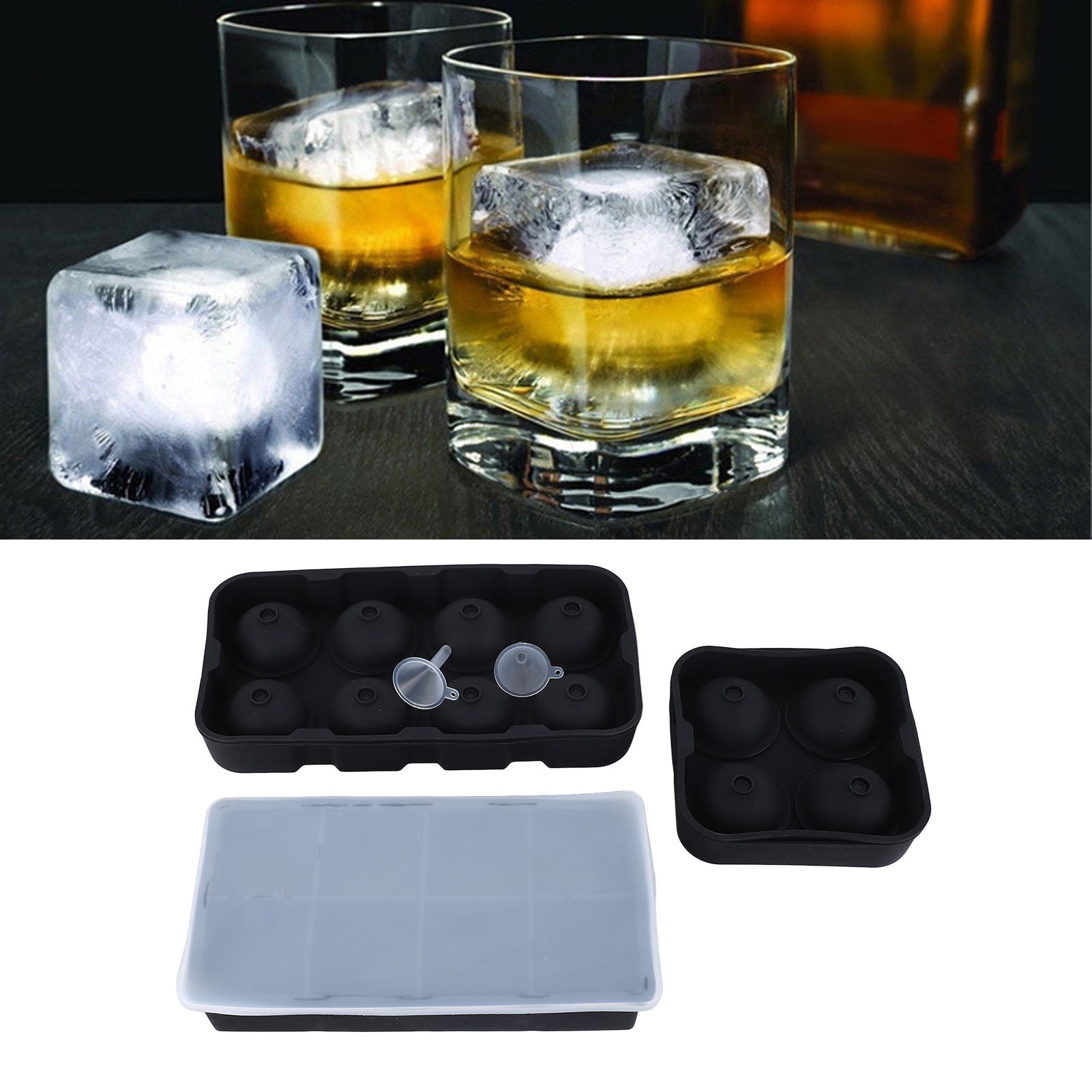 YAHHU Premium Large Silicone Ice Cube Tray Molds Set with Covers Square and Spherical Sphere Ice Maker for Cocktails Whiskey Beverages 5-Piece Complete Home Bartender Kit