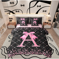 Manfei Kawaii Bowknot Letter A Bedding Comforter Set 7 Pieces, Glitter Diamond Full Bedding Set, Black Pink Cartoon Reversible Fitted Sheet Flat Sheet, Ultra Soft Home Decor