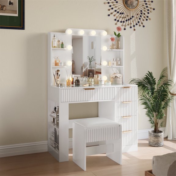 Yeahumalia Wood Tabletop Drawers Dressing Vanity Desk Set with Lights, Two-Tiered Storage and Lighted Mirror