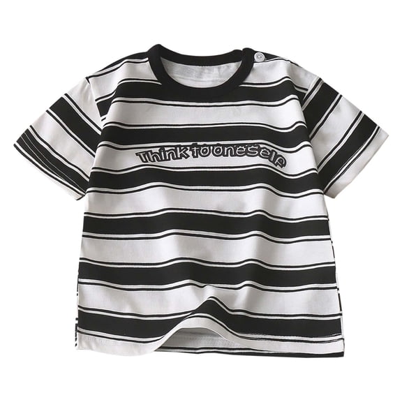 SonxaHe Infant Boy's Tshirt Short Sleeve Round Neck Striped Print Tee Streetwear Durable Breathable T Shirt Black