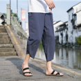 thumbnail image 4 of Bcfgryg Mens Solid Color Loose Cotton And Linen Cropped Trousers Plus Size Fashionable Casual Sports Pants Men’s Pants, 4 of 4