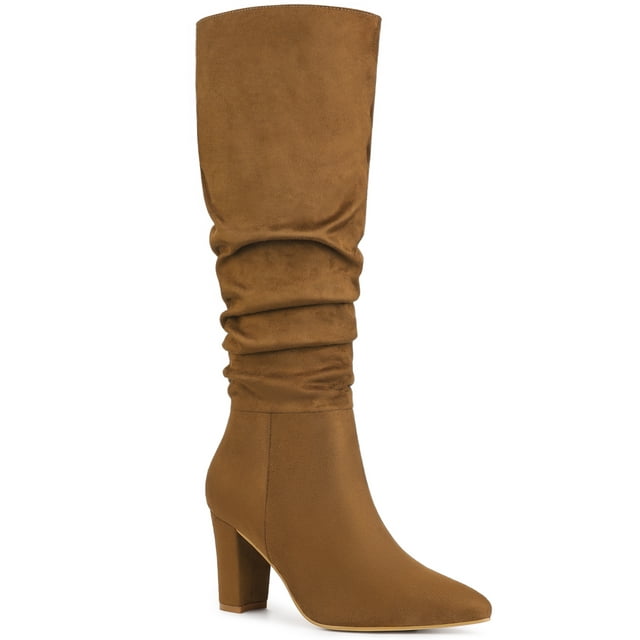 Unique Bargains Women's Slouchy Pointed Toe Chunky Heel Knee High Boots Brown (Size 9)