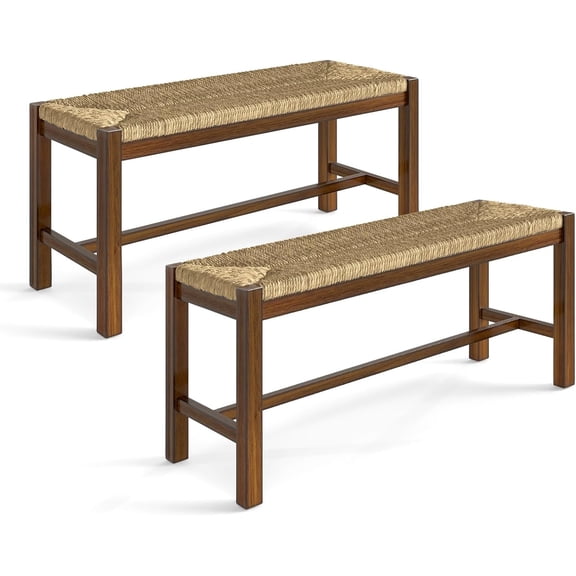 40" Seagrass Entryway , Wooden Long  with Rubber Wood Legs, Farmhouse Woven Dining  for Indoor, End of Bed, Dining Room, Hallway, Living Room & Bedroom, 350 Lbs Capacity (2)