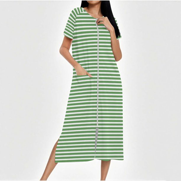 Camisón largo con cremallera para mujer, bata de punto, largo completo, color degradado, con bolsillos