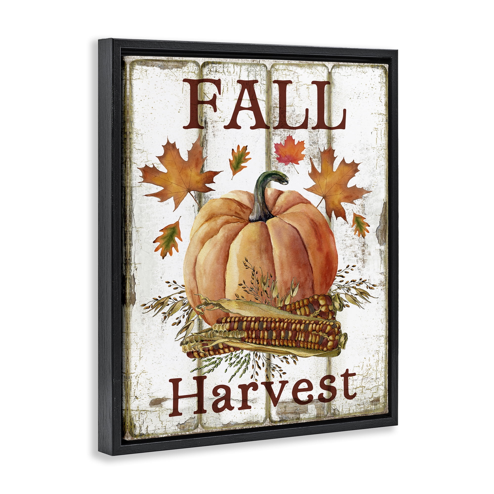 Stupell Industries Fall Harvest Pumpkin & Corn Holiday Painting Black Floater Framed Canvas Art Prints Wall Art, 17 x 21
