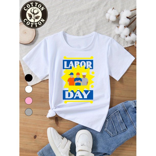Children's T-Shirt Pure Cotton Labor Design with Workers Graphic Gift for Boys and Girls 3 Colors Available Perfect for School Events and Casual Wear