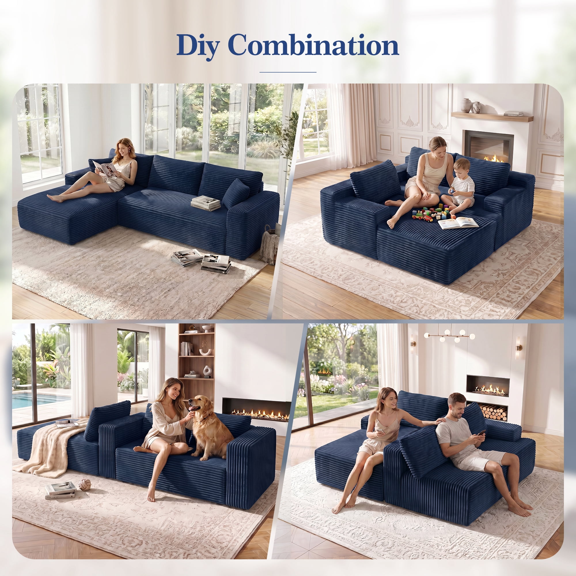 Aukfa 107" Boneless Modular Sectional Sofa, L-Shaped Corduroy Couch with Deep Seat and Left-Facing Chaise for Living Room, Blue