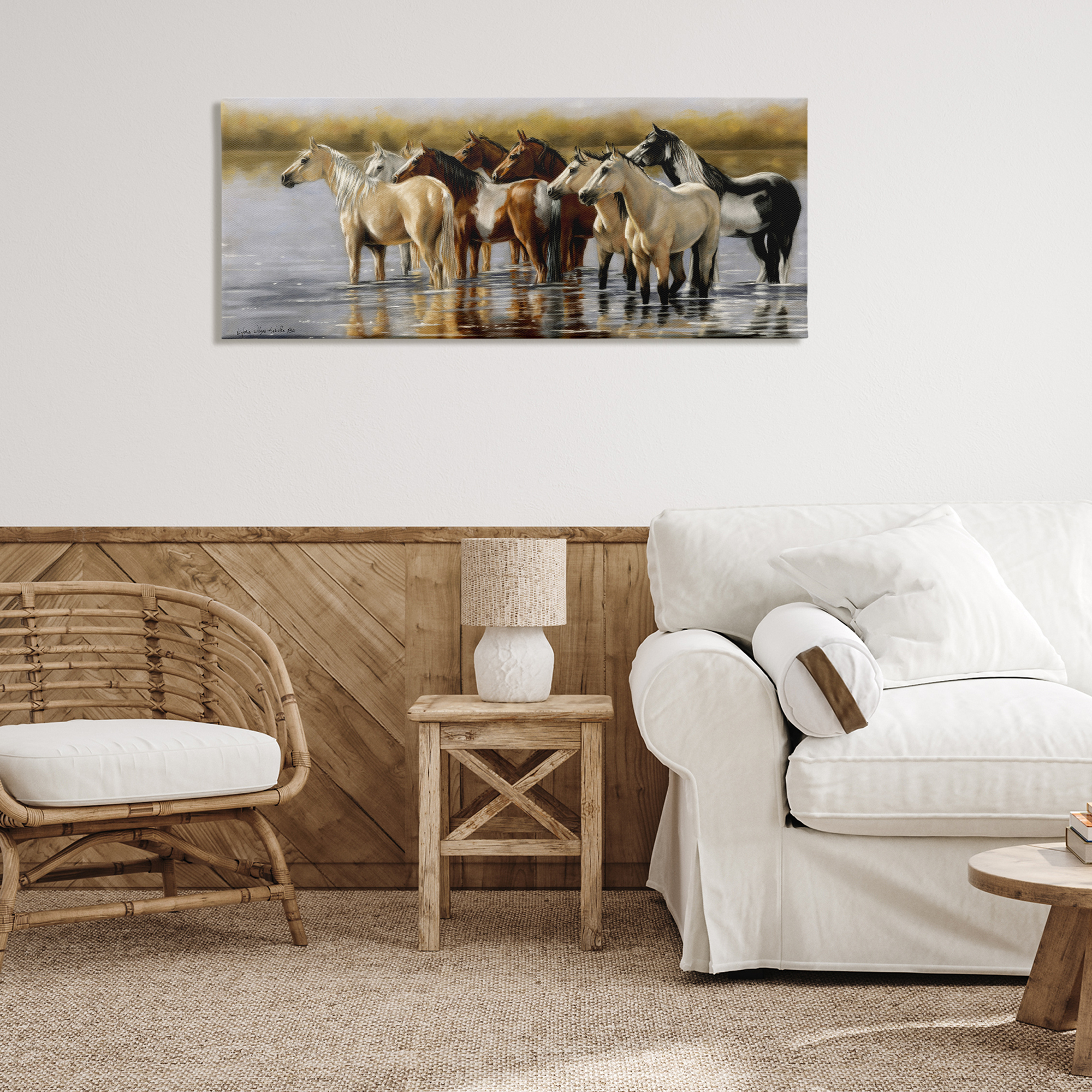 Stupell Industries Horse Herd Splashing Animals & Insects Painting Gallery Wrapped Canvas Art Print Wall Art, 48 x 20